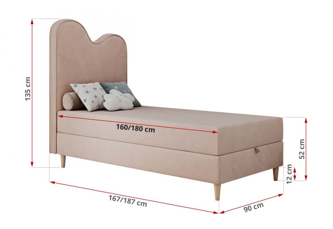 Łóżko młodzieżowe FLOW 90x180 - H3 - różowy, welwet - topper T25