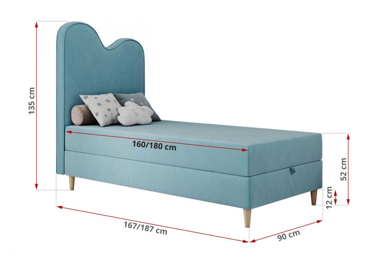 Łóżko młodzieżowe FLOW 90x180 - H3 - niebieski, welwet - topper T25