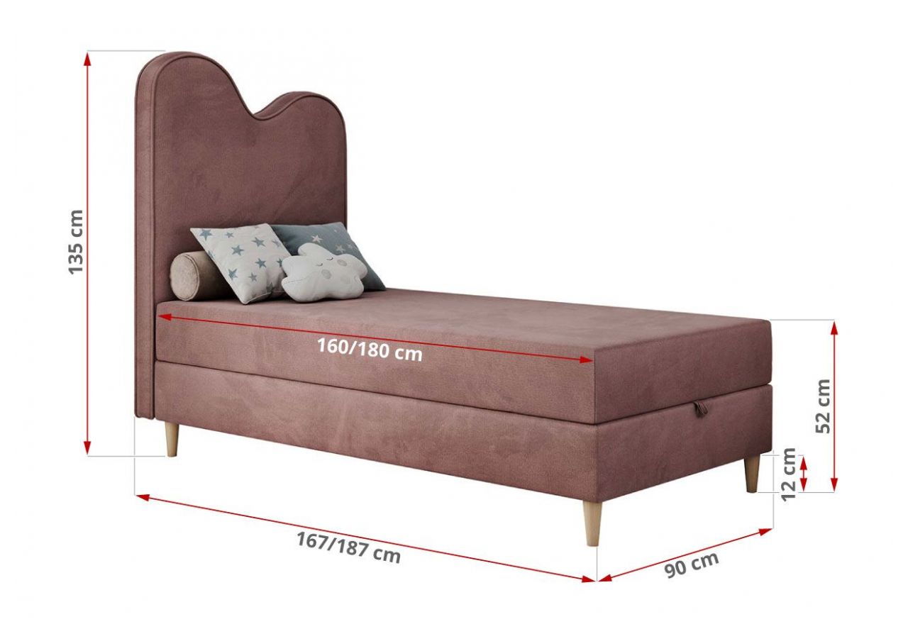 Łóżko młodzieżowe FLOW 90x180 - H3 - różowy, welwet - topper T25