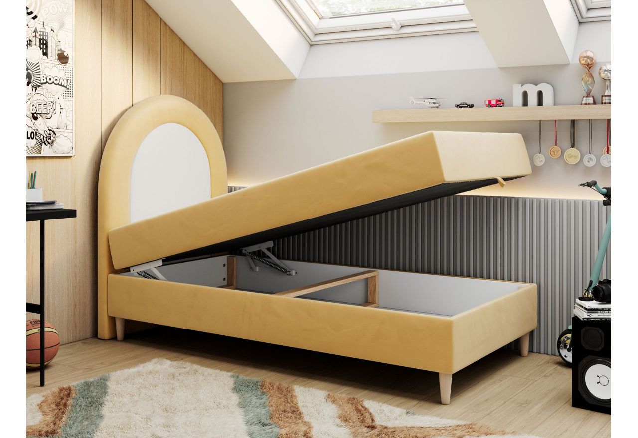 Łóżko młodzieżowe NEST 90x180 - H3 - żółty, welwet - topper T25