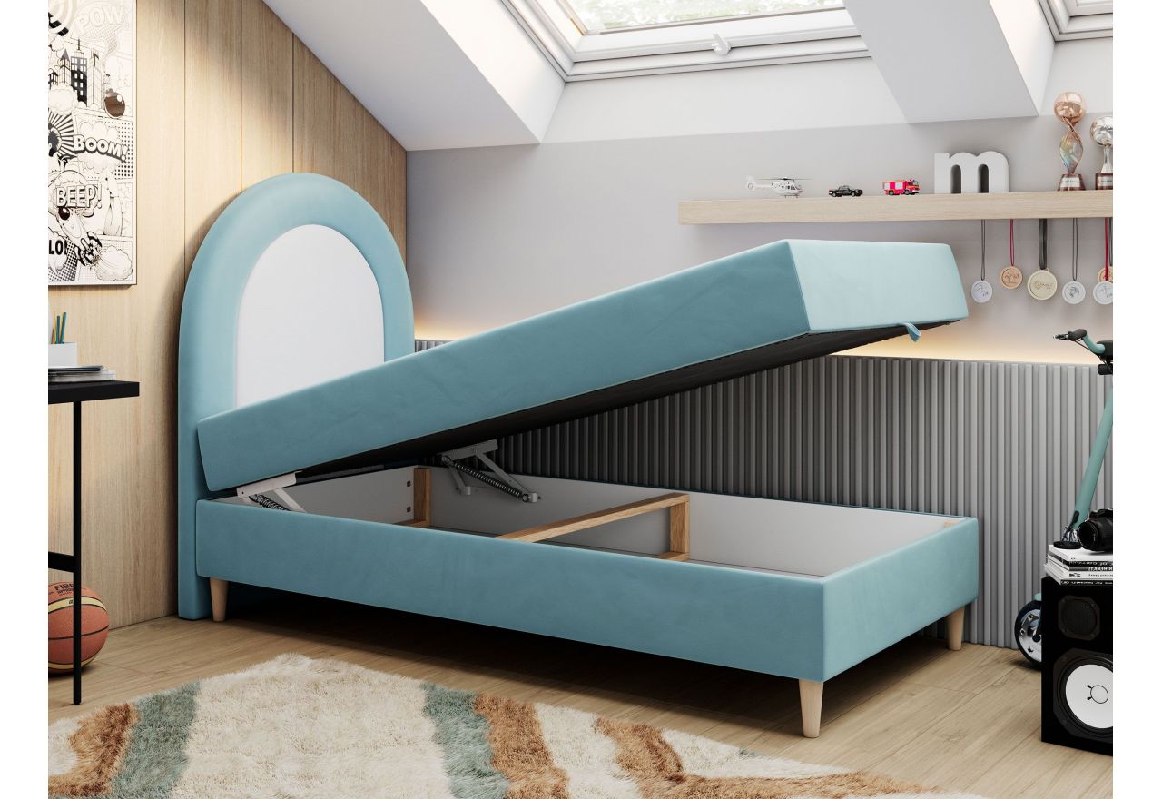 Łóżko młodzieżowe NEST 90x180 - H3 - niebieski, welwet - topper T25