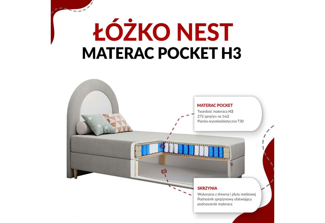 Łóżko młodzieżowe NEST 90x180 - H3 - ciemnoszary, struktura - topper T25