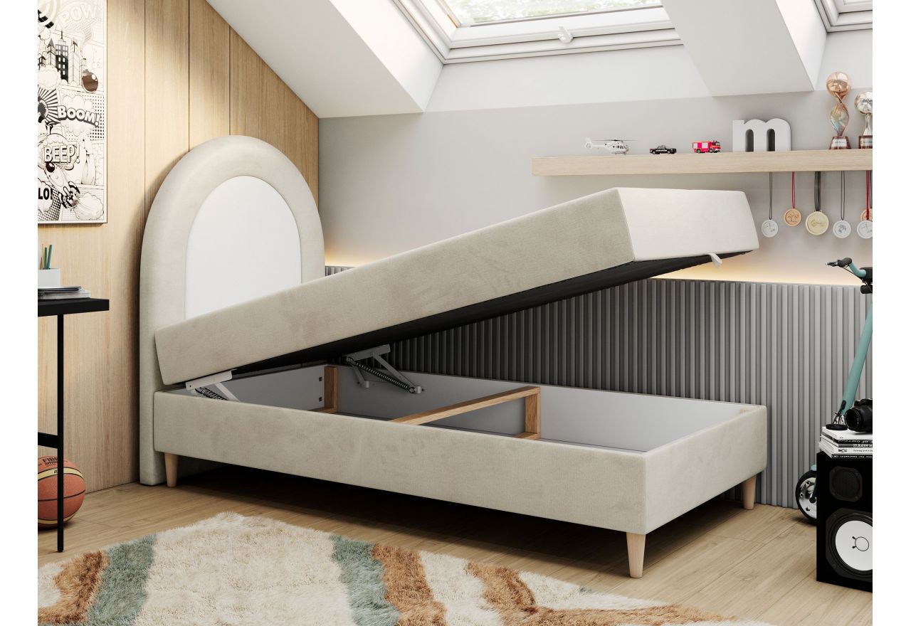 Łóżko młodzieżowe NEST 90x180 - H3 - beżowy, welwet - topper T25