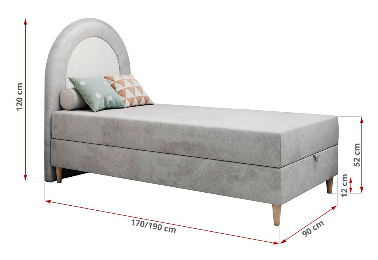 Łóżko młodzieżowe NEST 90x180 - H3 - jasnoszary, welwet - topper T25