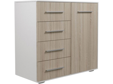 Komoda 90 cm w nowoczesnym stylu z czterema szufladami i drzwiami - FIORDA Biały / Dąb Sonoma