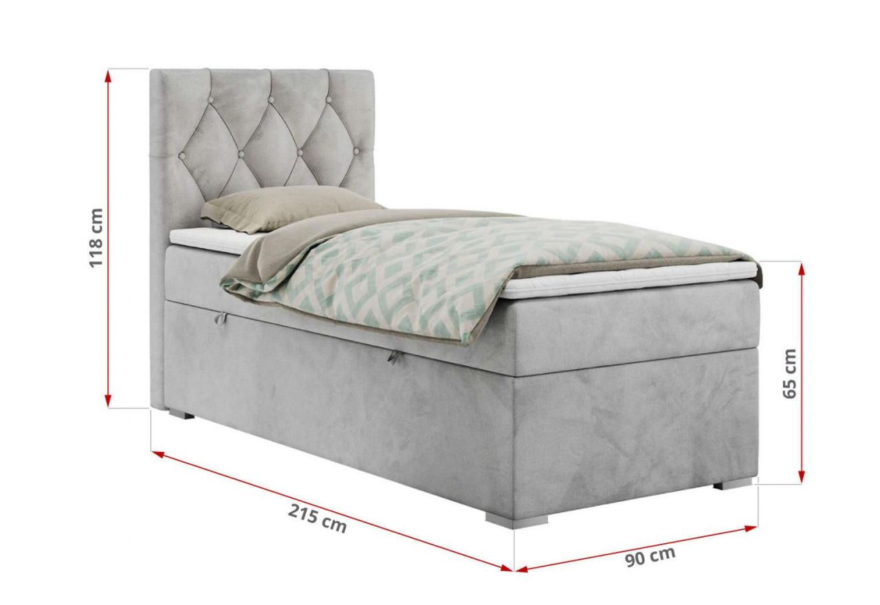 Łóżko kontynentalne ALDA 90x200 - H3 - jasnoszary, welwet - strona lewa