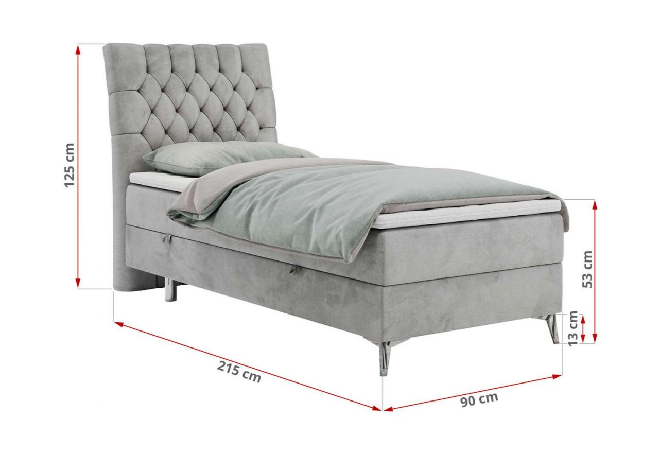 Łóżko kontynentalne MILEN 90x200 - H4 - jasnoszary, welwet - strona lewa