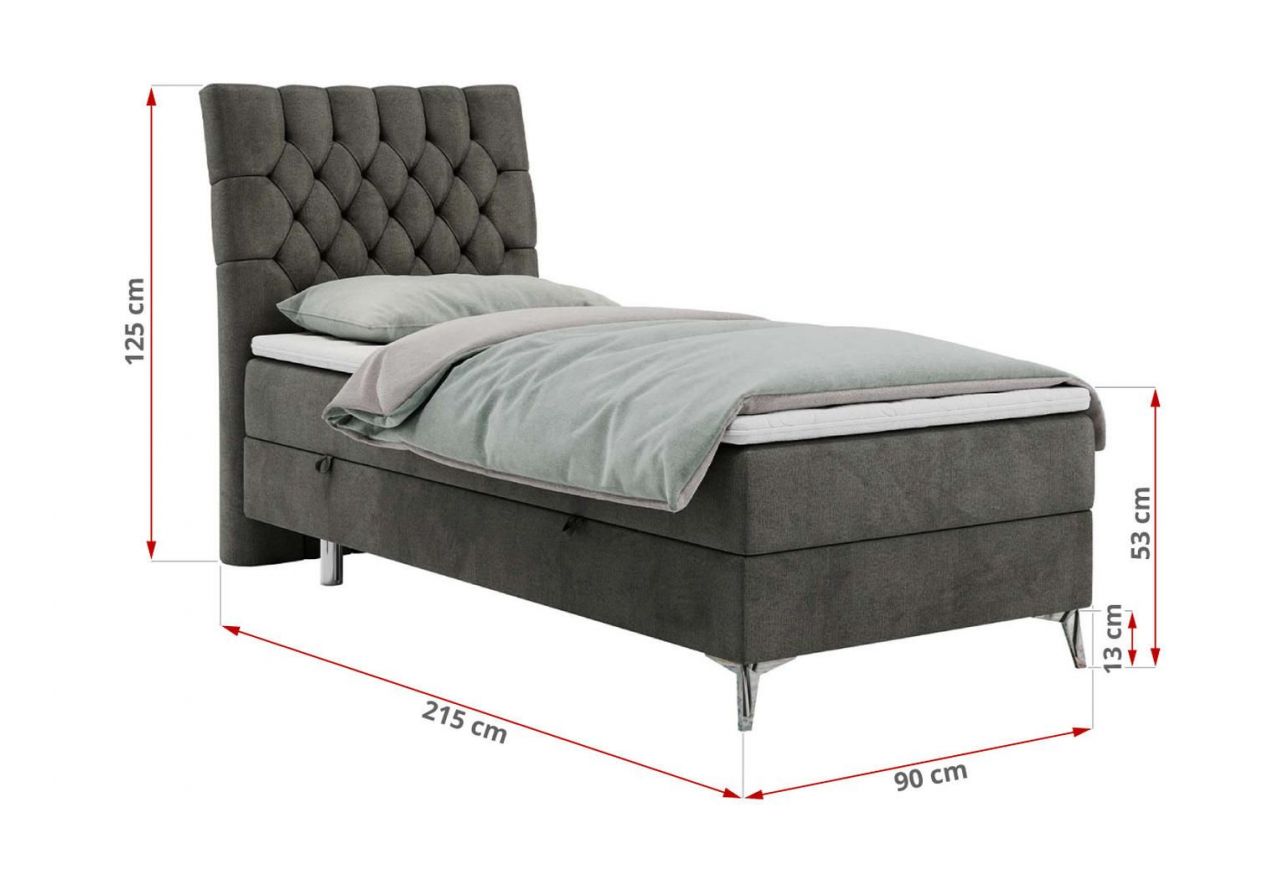 Łóżko kontynentalne MILEN 90x200 - H3 - ciemnoszary, welwet - strona lewa