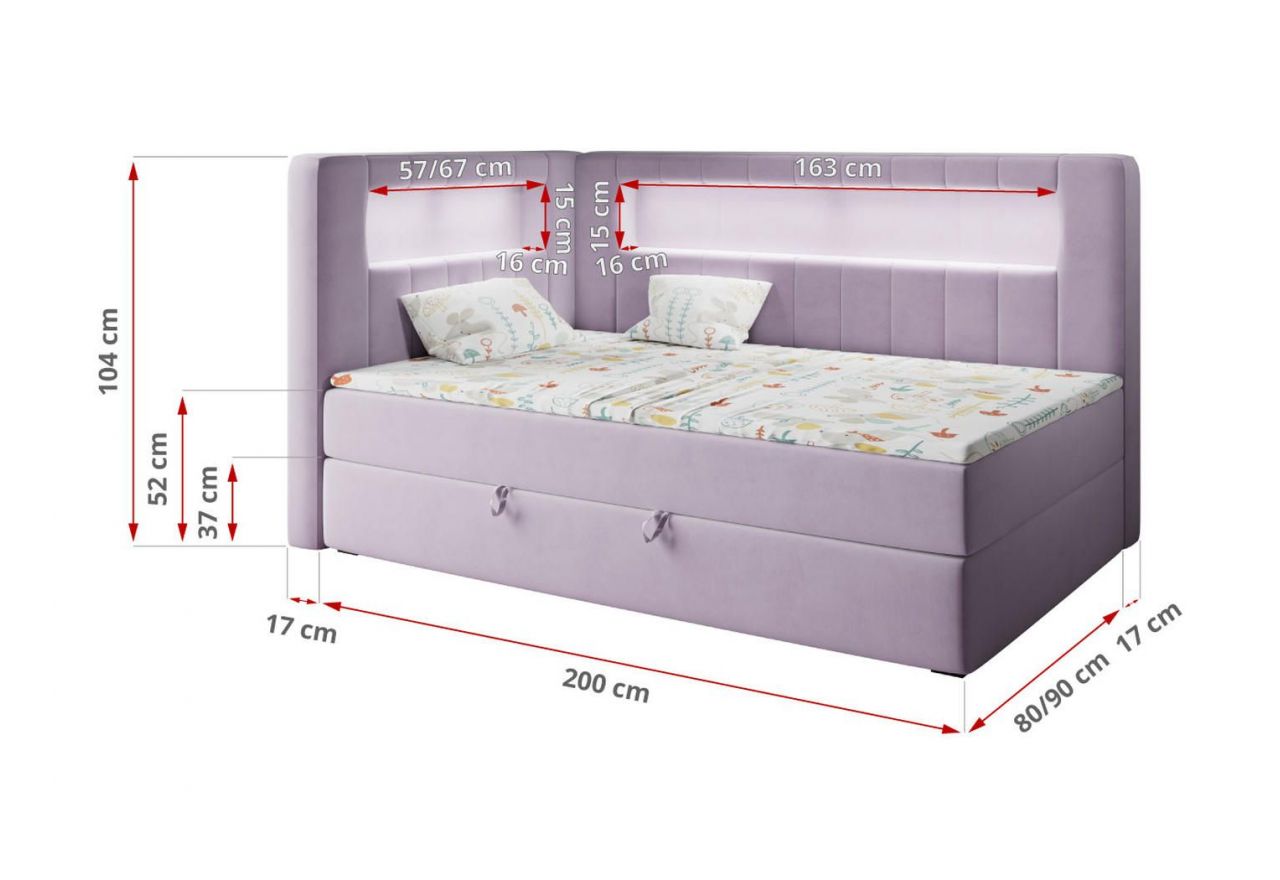 Łóżko młodzieżowe JUNIOR GOLD 3 90x200 - H3 - fioletowy, welwet - strona lewa