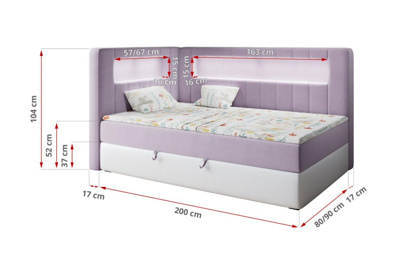 Łóżko młodzieżowe JUNIOR GOLD 3 90x200 - H3 - fioletowy, biały, welwet, ekoskóra - strona lewa