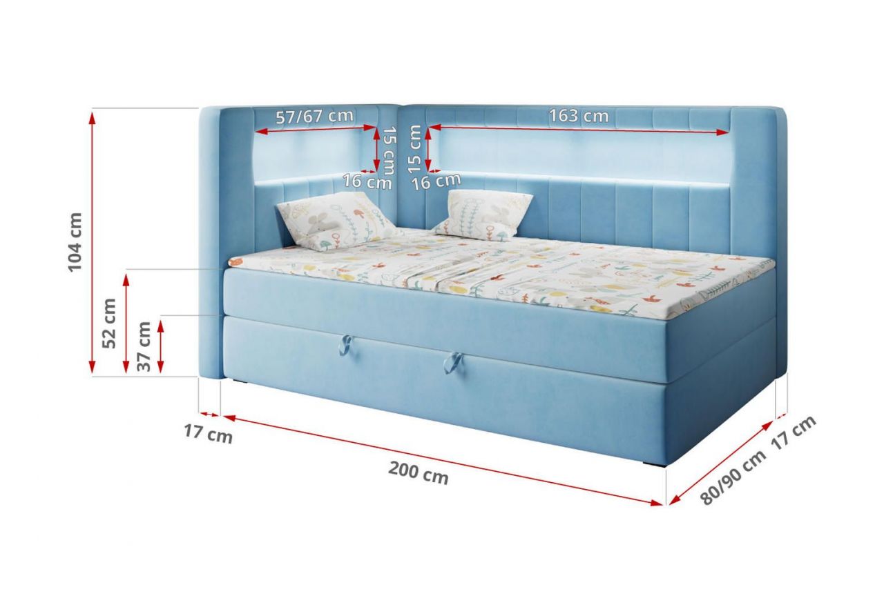 Łóżko młodzieżowe JUNIOR GOLD 3 90x200 - H3 - niebieski, welwet - strona lewa