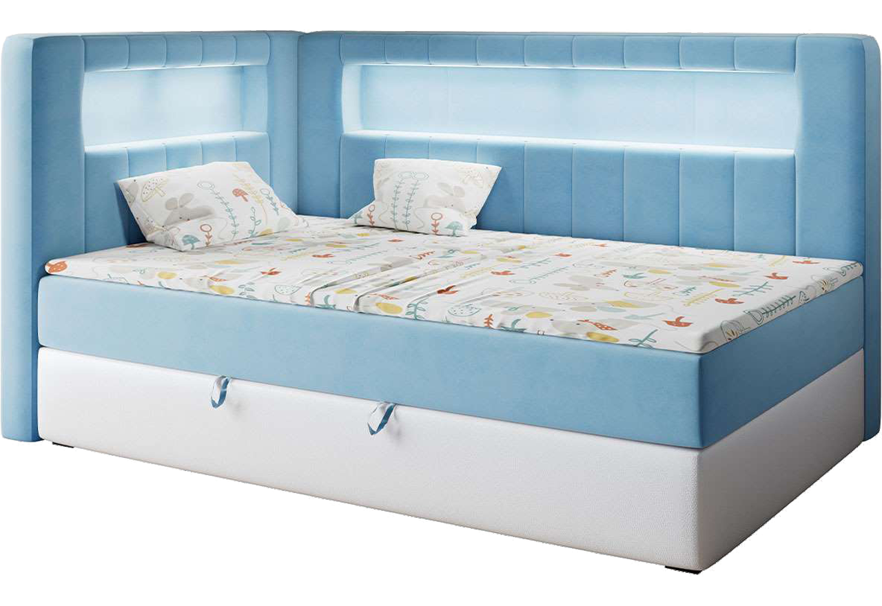 Łóżko młodzieżowe JUNIOR GOLD 3 90x200 - H3 - niebieski, biały, welwet, ekoskóra - strona lewa