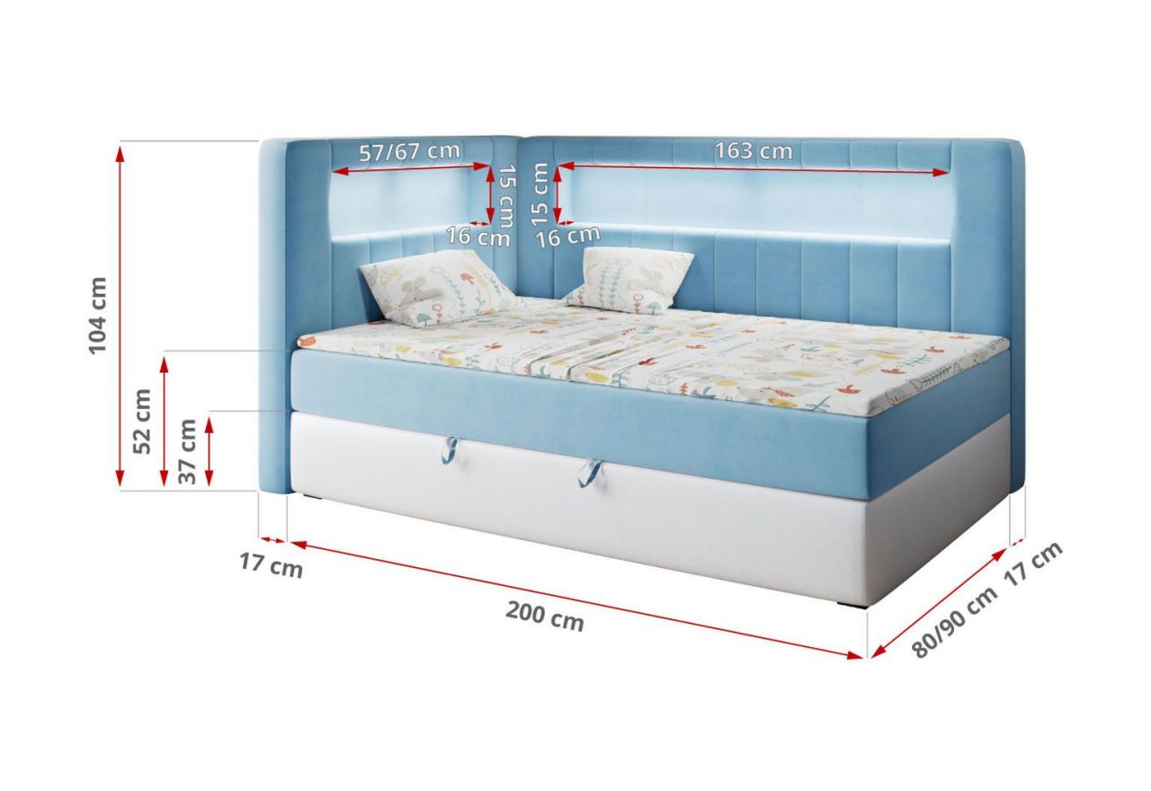 Łóżko młodzieżowe JUNIOR GOLD 3 90x200 - H3 - niebieski, biały, welwet, ekoskóra - strona lewa