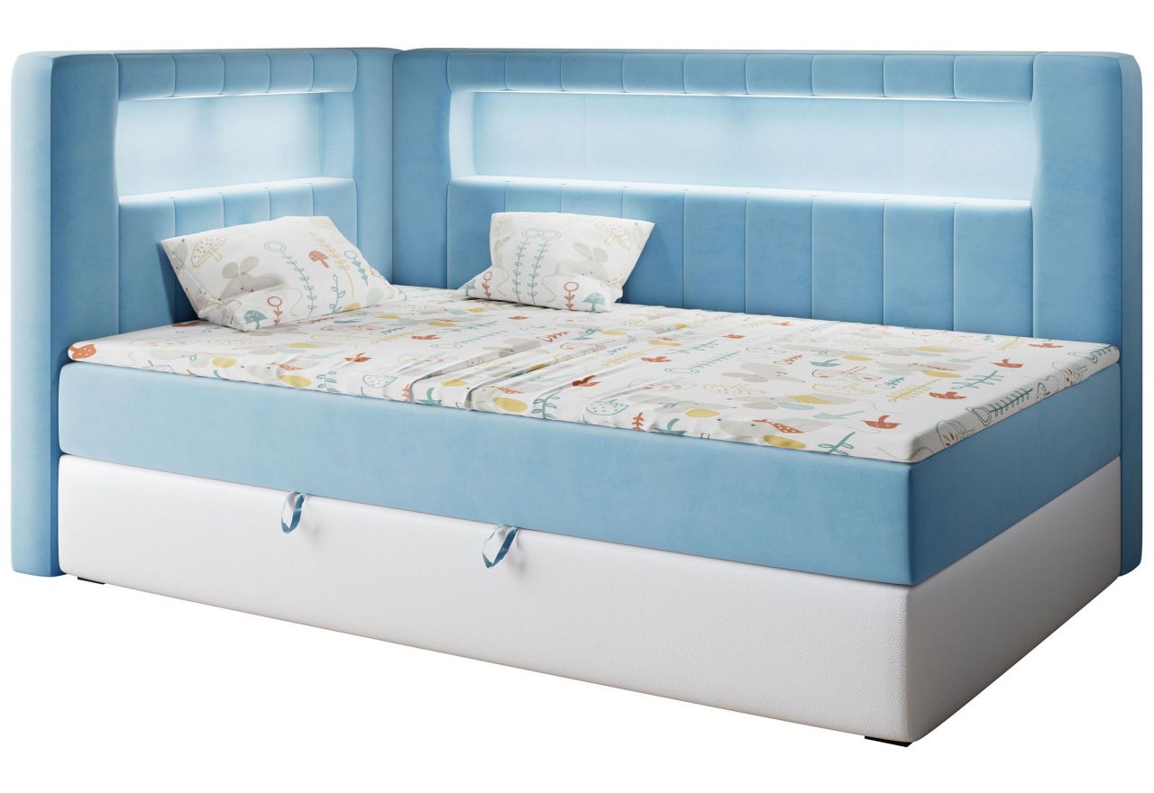 Łóżko młodzieżowe JUNIOR GOLD 3 90x200 - H3 - niebieski, biały, welwet, ekoskóra - strona lewa