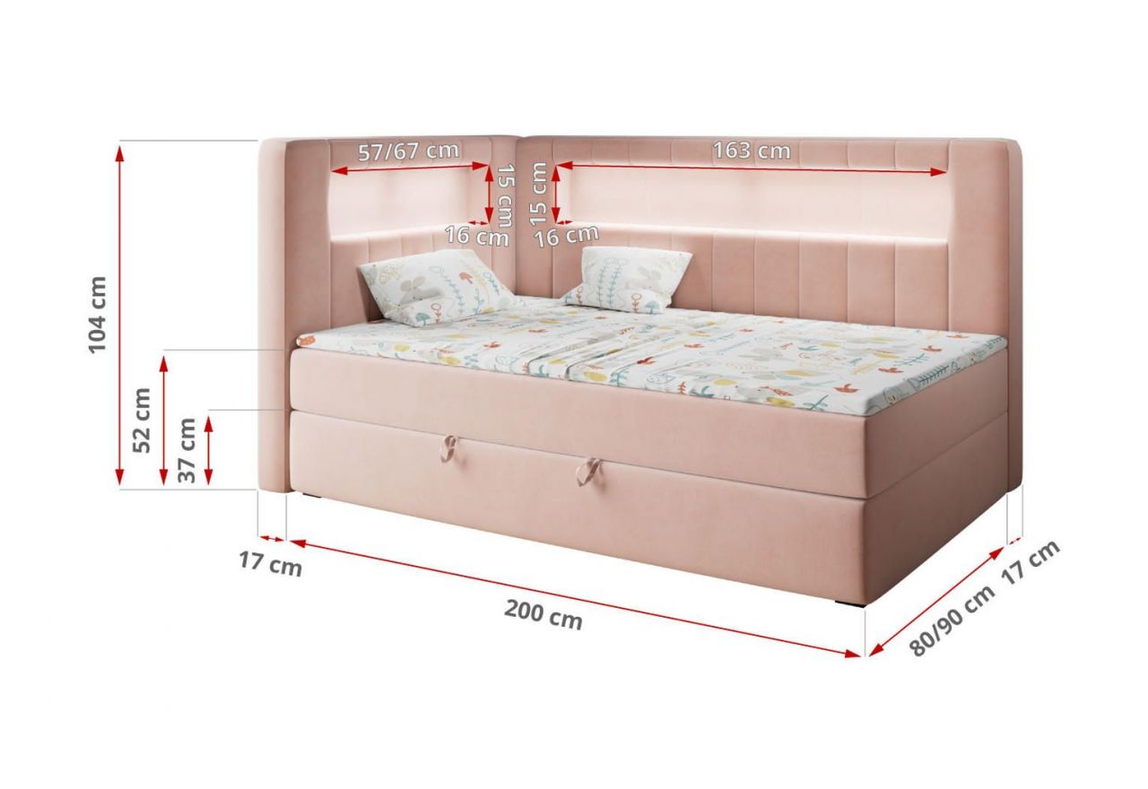 Łóżko młodzieżowe JUNIOR GOLD 3 90x200 - H3 - różowy, welwet - strona lewa