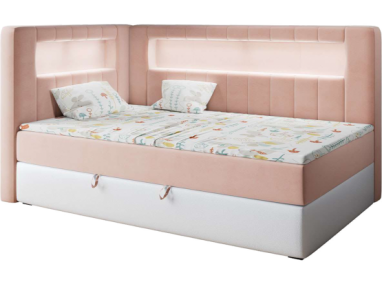 Łóżko młodzieżowe JUNIOR GOLD 3 90x200 - H3 - różowy, biały, welwet, ekoskóra - strona lewa