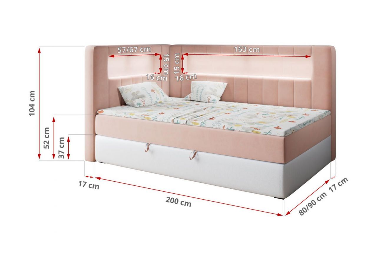 Łóżko młodzieżowe JUNIOR GOLD 3 90x200 - H3 - różowy, biały, welwet, ekoskóra - strona lewa