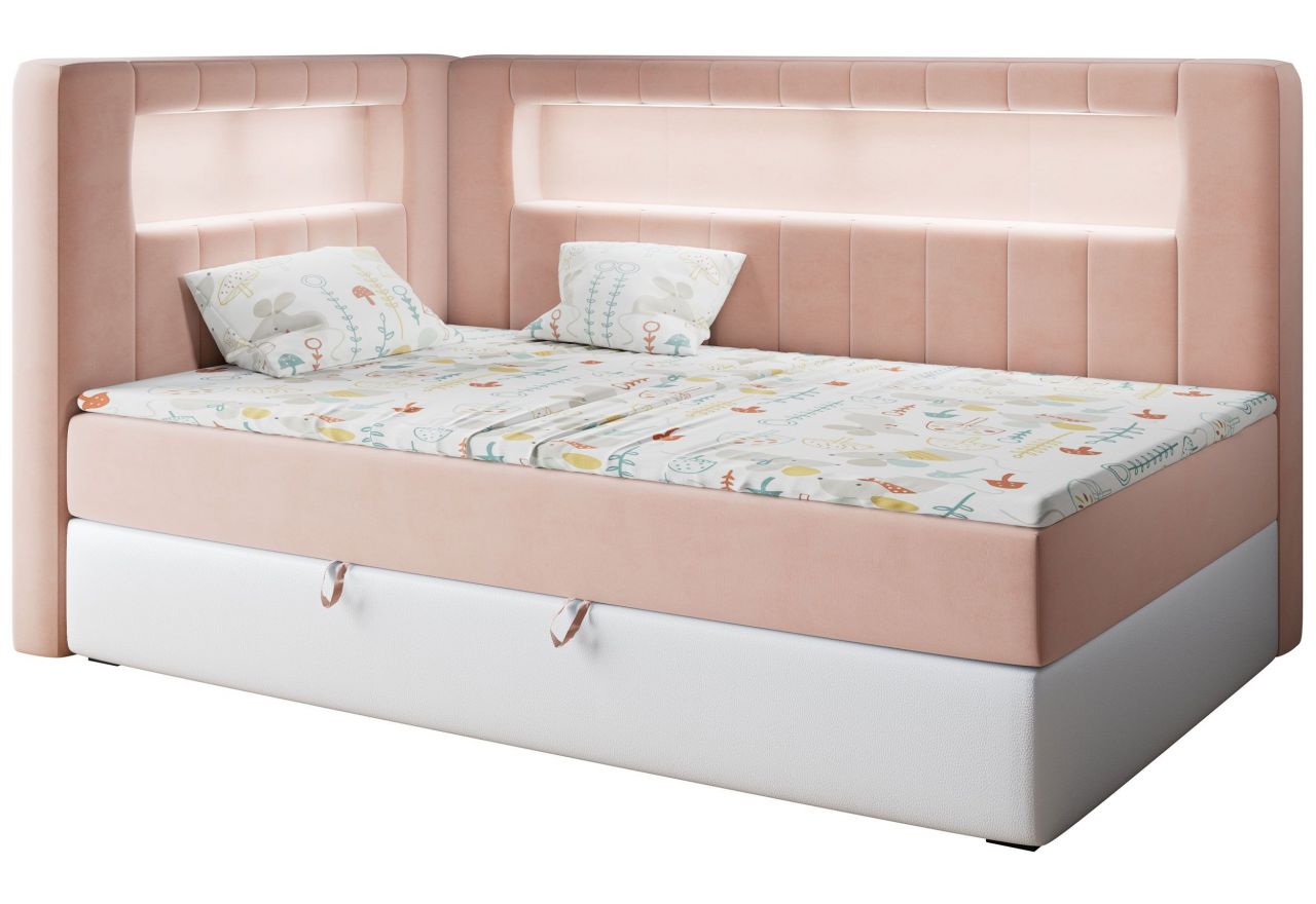 Łóżko młodzieżowe JUNIOR GOLD 3 90x200 - H3 - różowy, biały, welwet, ekoskóra - strona lewa