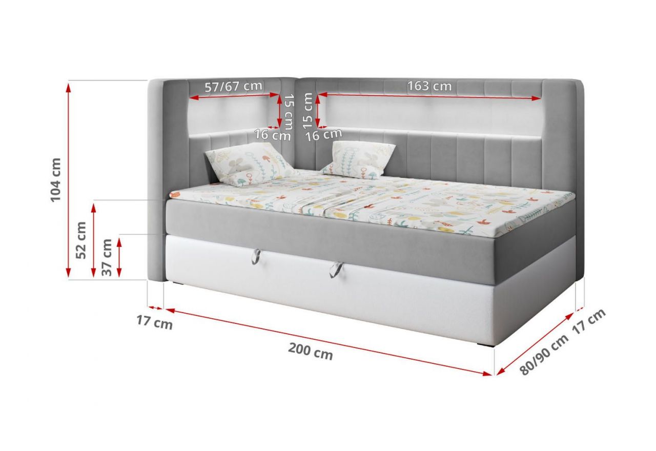 Łóżko młodzieżowe JUNIOR GOLD 3 90x200 - H3 - szary, biały, welwet, ekoskóra - strona lewa