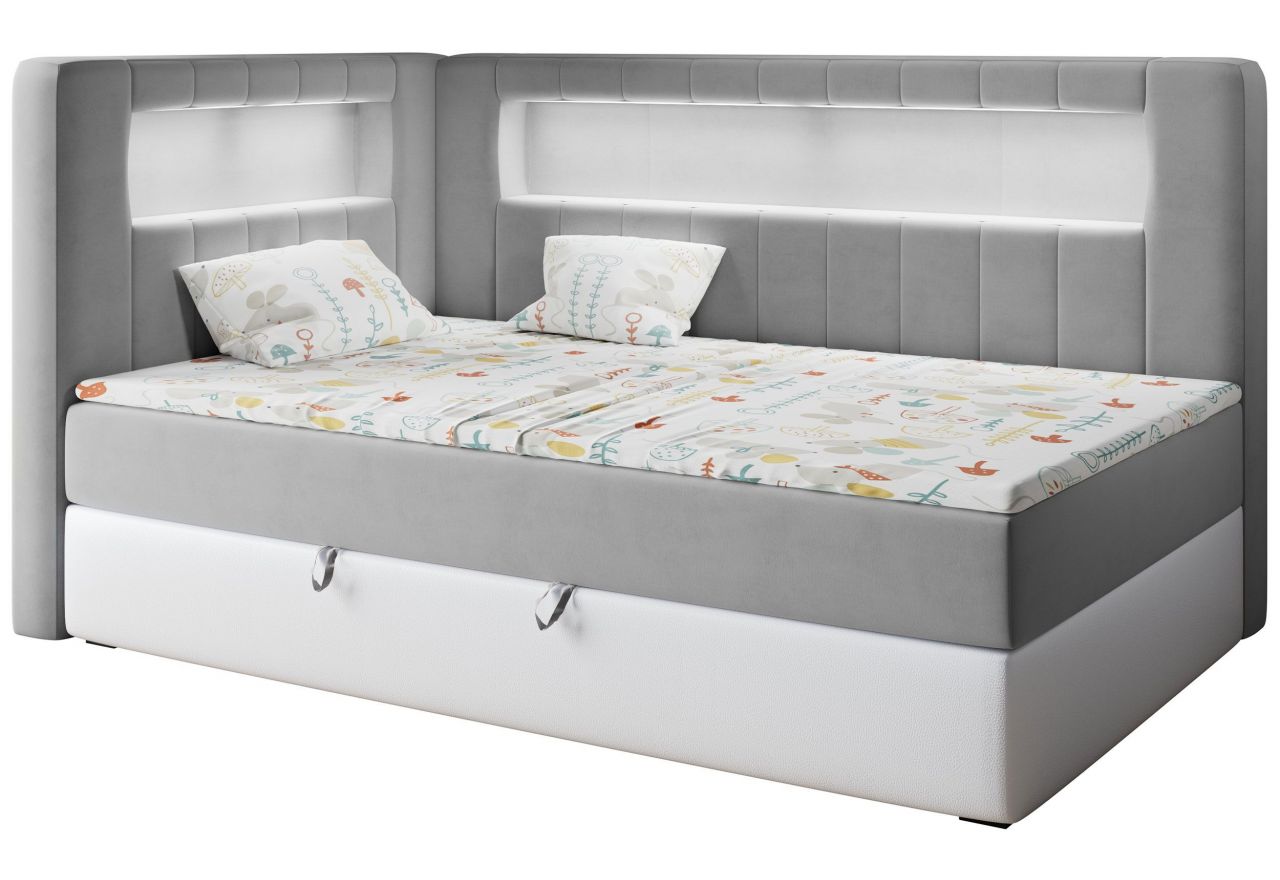 Łóżko młodzieżowe JUNIOR GOLD 3 90x200 - H3 - szary, biały, welwet, ekoskóra - strona lewa