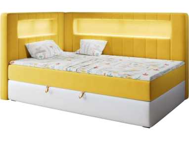 Łóżko młodzieżowe JUNIOR GOLD 3 90x200 - H3 - żółty, biały, welwet, ekoskóra - strona lewa