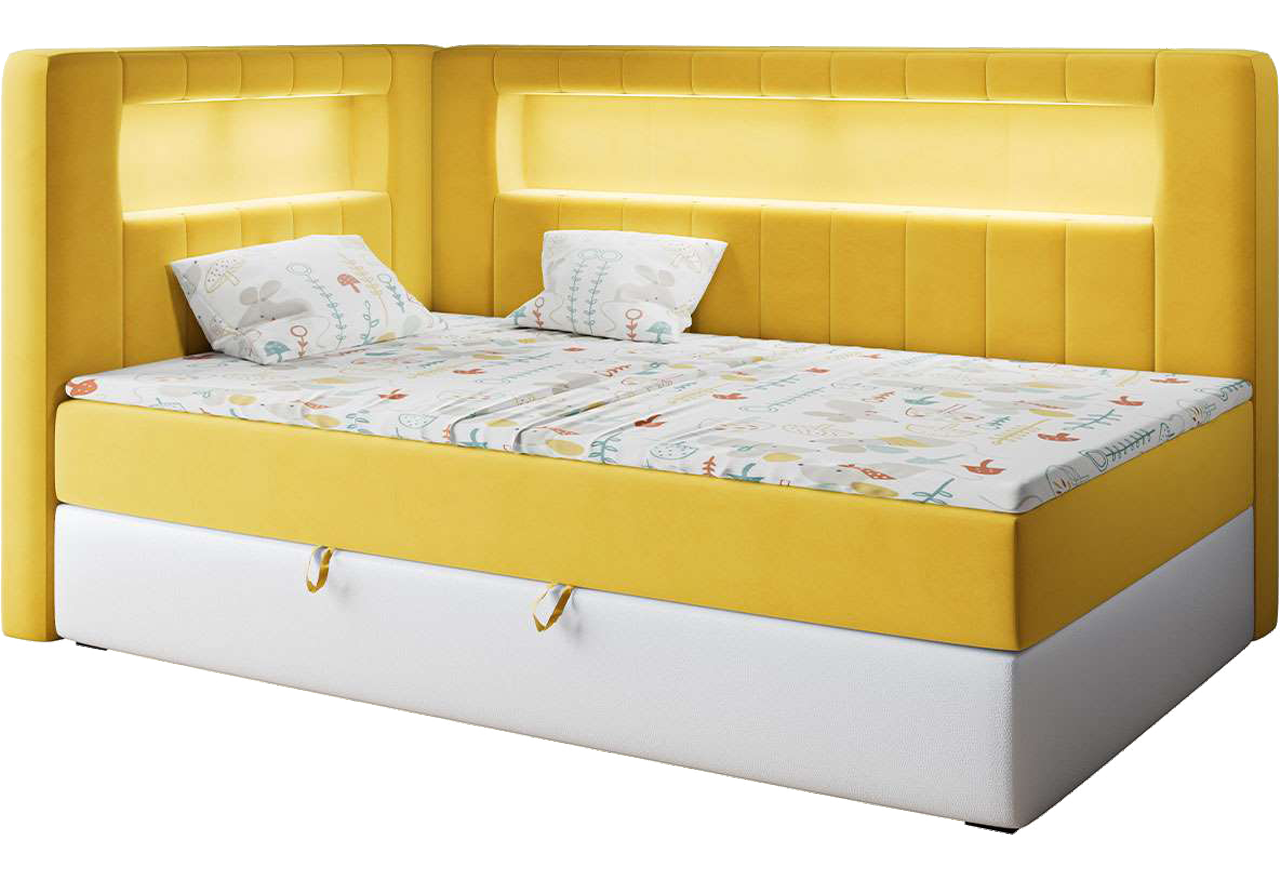 Łóżko młodzieżowe JUNIOR GOLD 3 90x200 - H3 - żółty, biały, welwet, ekoskóra - strona lewa