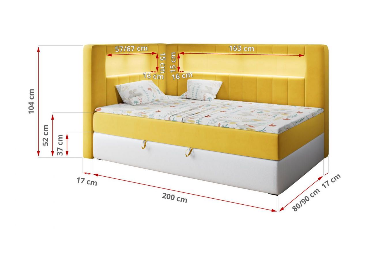 Łóżko młodzieżowe JUNIOR GOLD 3 90x200 - H3 - żółty, biały, welwet, ekoskóra - strona lewa