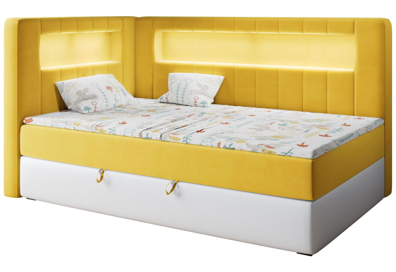 Łóżko młodzieżowe JUNIOR GOLD 3 90x200 - H3 - żółty, biały, welwet, ekoskóra - strona lewa