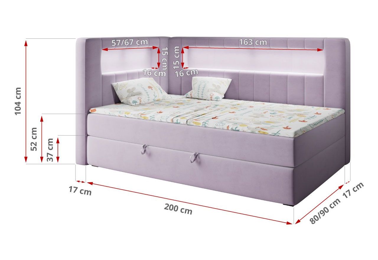 Łóżko młodzieżowe JUNIOR GOLD 3 90x200 - H3 - fioletowy, welwet - strona prawa