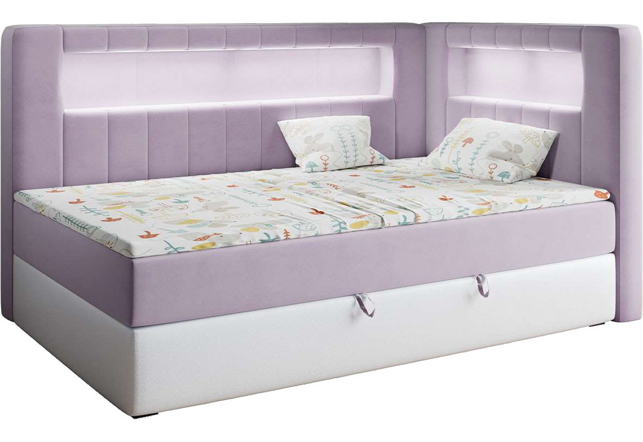 Łóżko młodzieżowe JUNIOR GOLD 3 90x200 - H3 - fioletowy, biały, welwet, ekoskóra - strona prawa