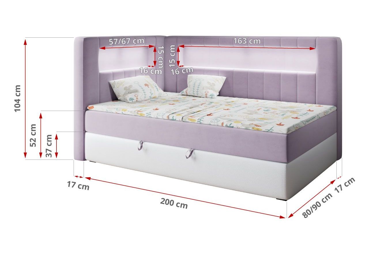 Łóżko młodzieżowe JUNIOR GOLD 3 90x200 - H3 - fioletowy, biały, welwet, ekoskóra - strona prawa