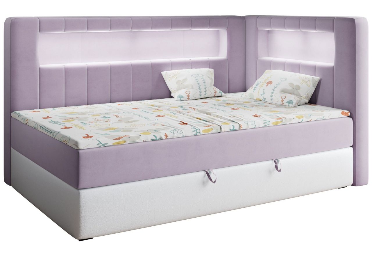 Łóżko młodzieżowe JUNIOR GOLD 3 90x200 - H3 - fioletowy, biały, welwet, ekoskóra - strona prawa