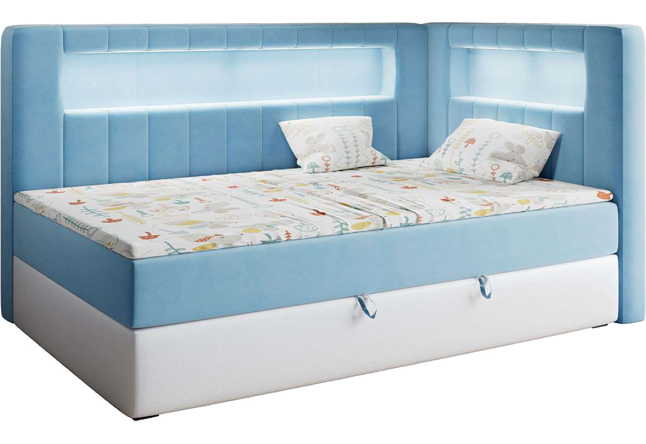 Łóżko młodzieżowe JUNIOR GOLD 3 90x200 - H3 - niebieski, biały, welwet, ekoskóra - strona prawa