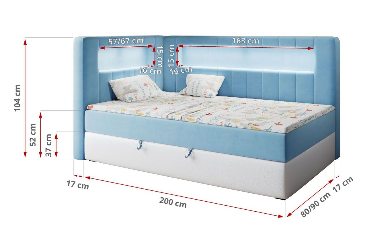 Łóżko młodzieżowe JUNIOR GOLD 3 90x200 - H3 - niebieski, biały, welwet, ekoskóra - strona prawa