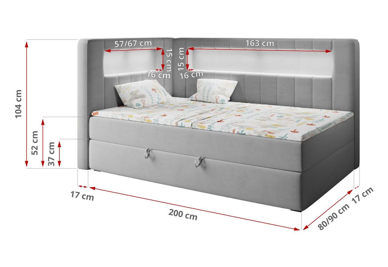 Łóżko młodzieżowe JUNIOR GOLD 3 90x200 - H3 - szary, welwet - strona prawa
