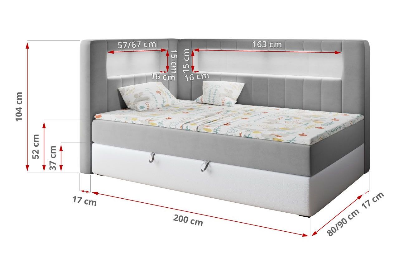 Łóżko młodzieżowe JUNIOR GOLD 3 90x200 - H3 - szary, biały, welwet, ekoskóra - strona prawa