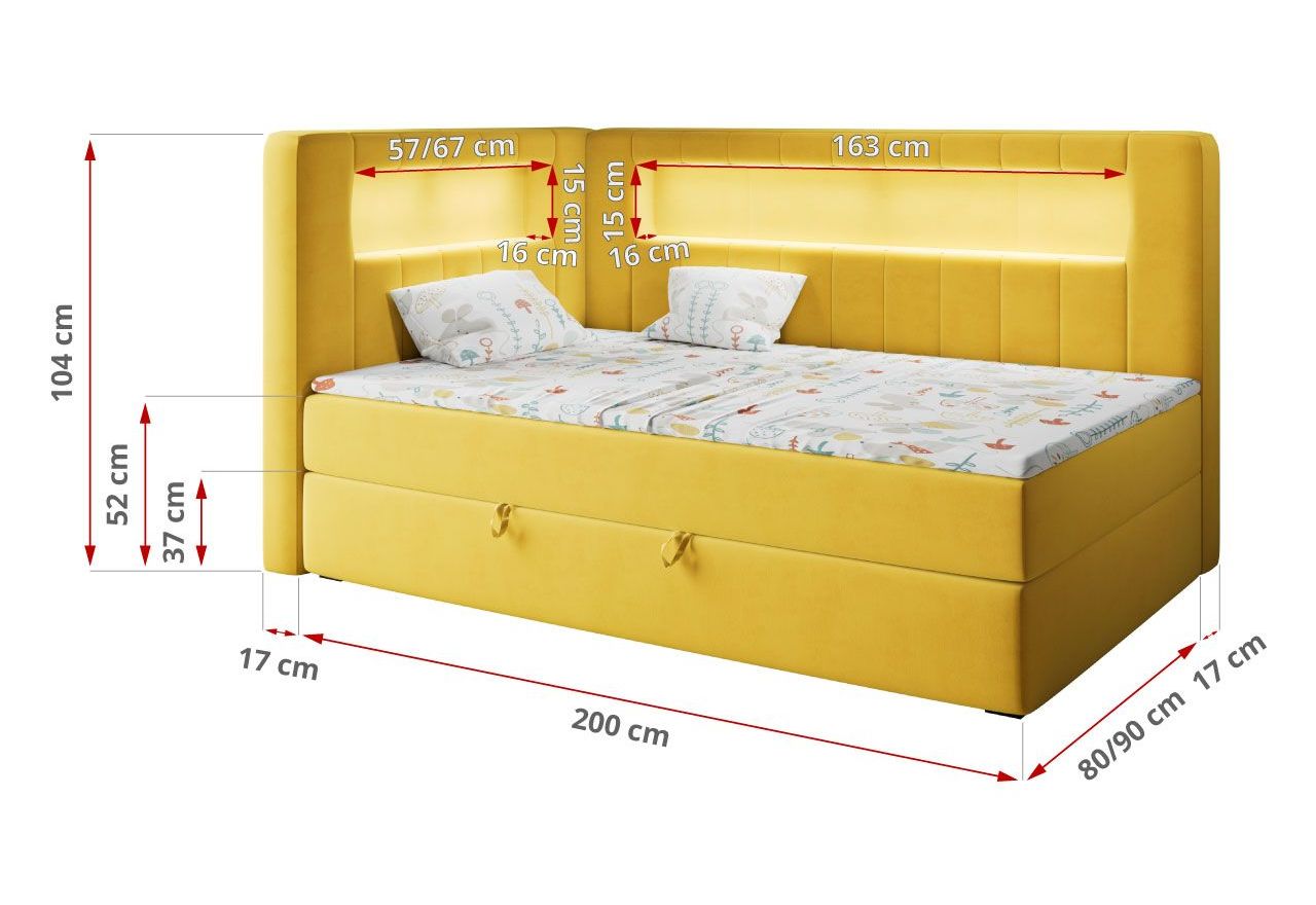 Łóżko młodzieżowe JUNIOR GOLD 3 90x200 - H3 - żółty, welwet - strona prawa