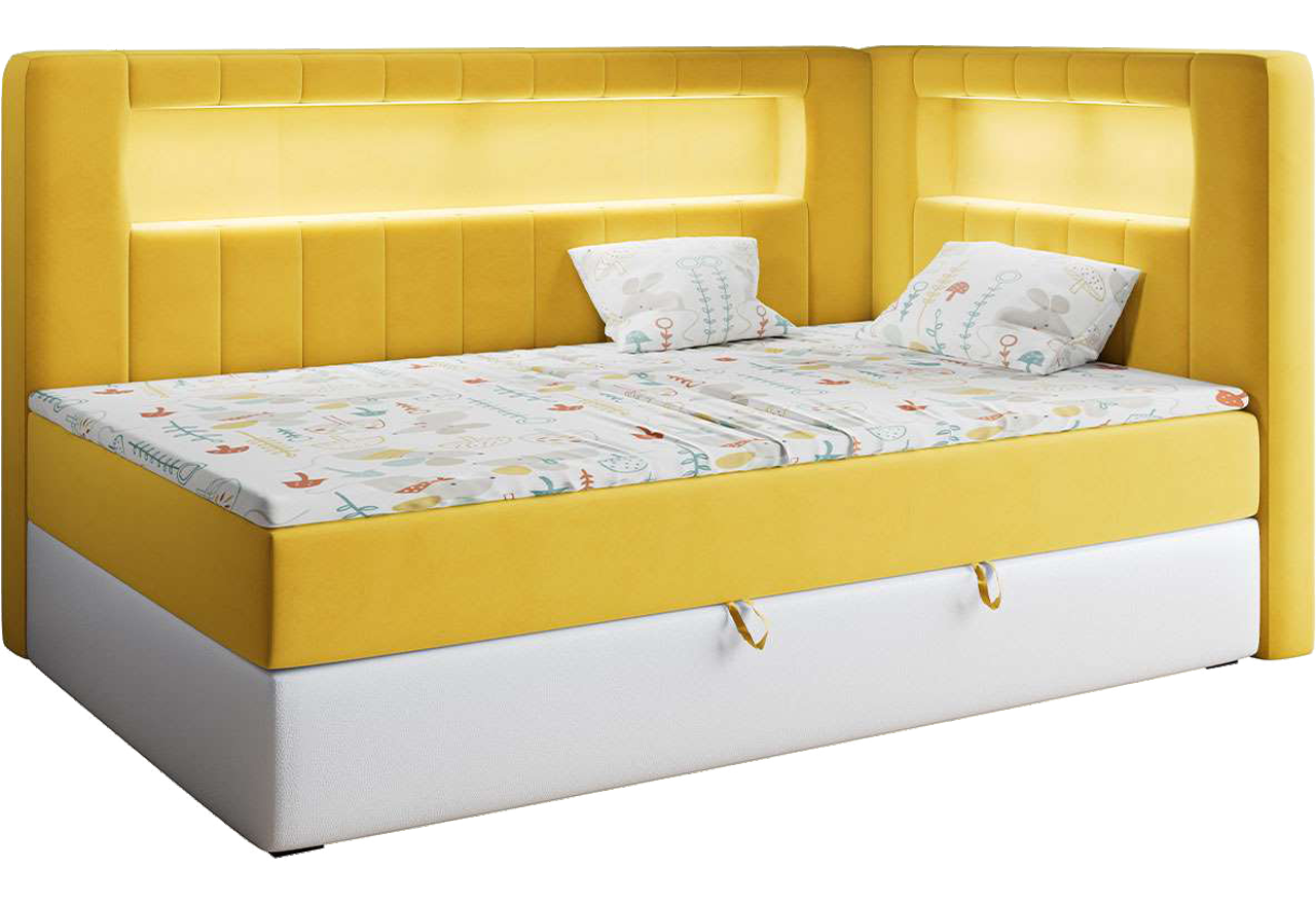 Łóżko młodzieżowe JUNIOR GOLD 3 90x200 - H3 - żółty, biały, welwet, ekoskóra - strona prawa