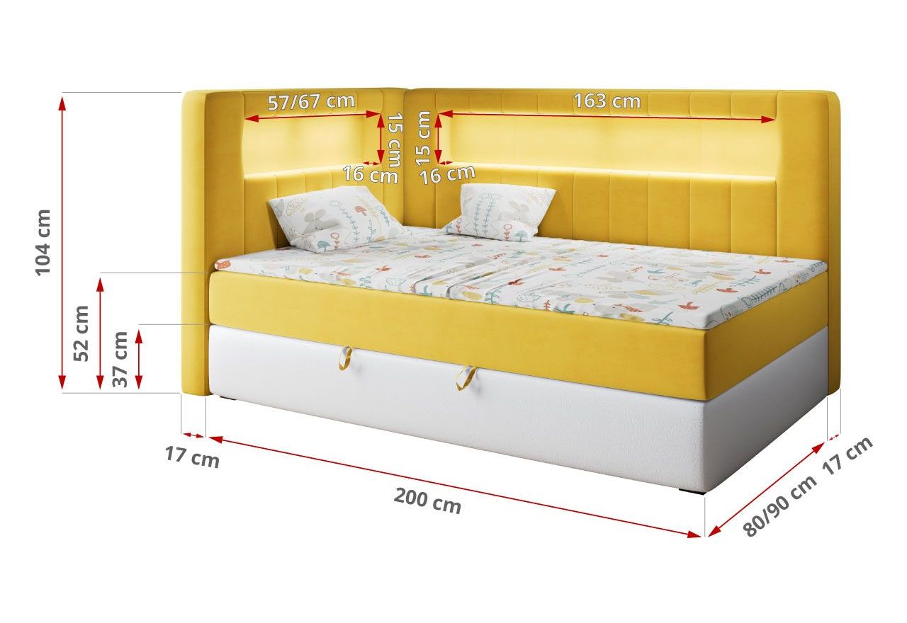 Łóżko młodzieżowe JUNIOR GOLD 3 90x200 - H3 - żółty, biały, welwet, ekoskóra - strona prawa
