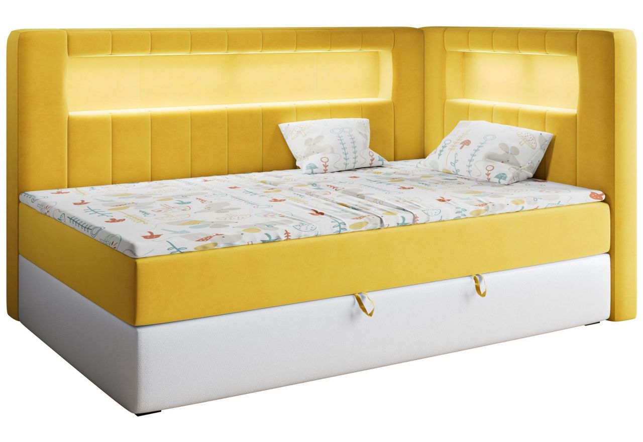 Łóżko młodzieżowe JUNIOR GOLD 3 90x200 - H3 - żółty, biały, welwet, ekoskóra - strona prawa