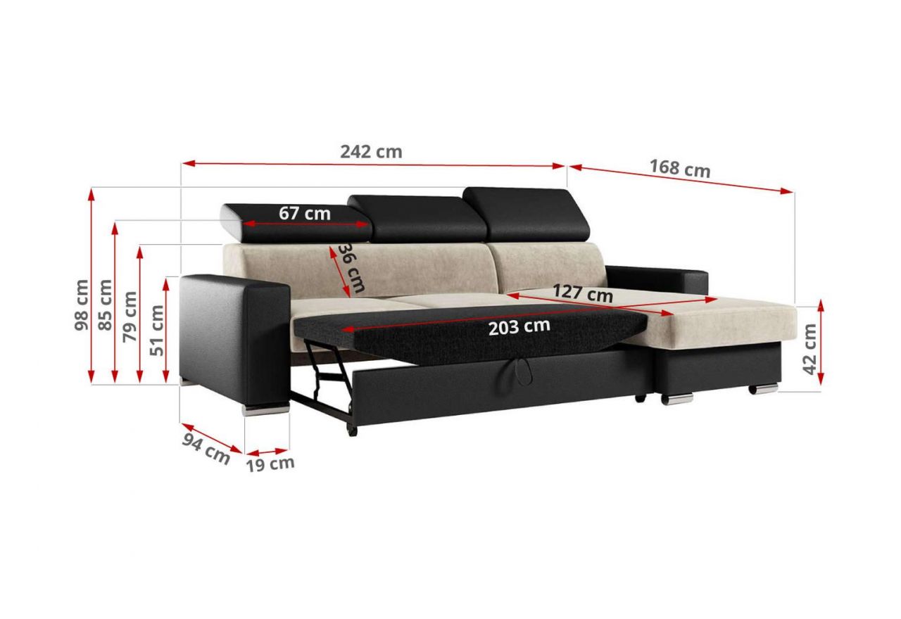 Narożnik FOX L - uniwersalny - beżowy, czarny, welwet, ekoskóra