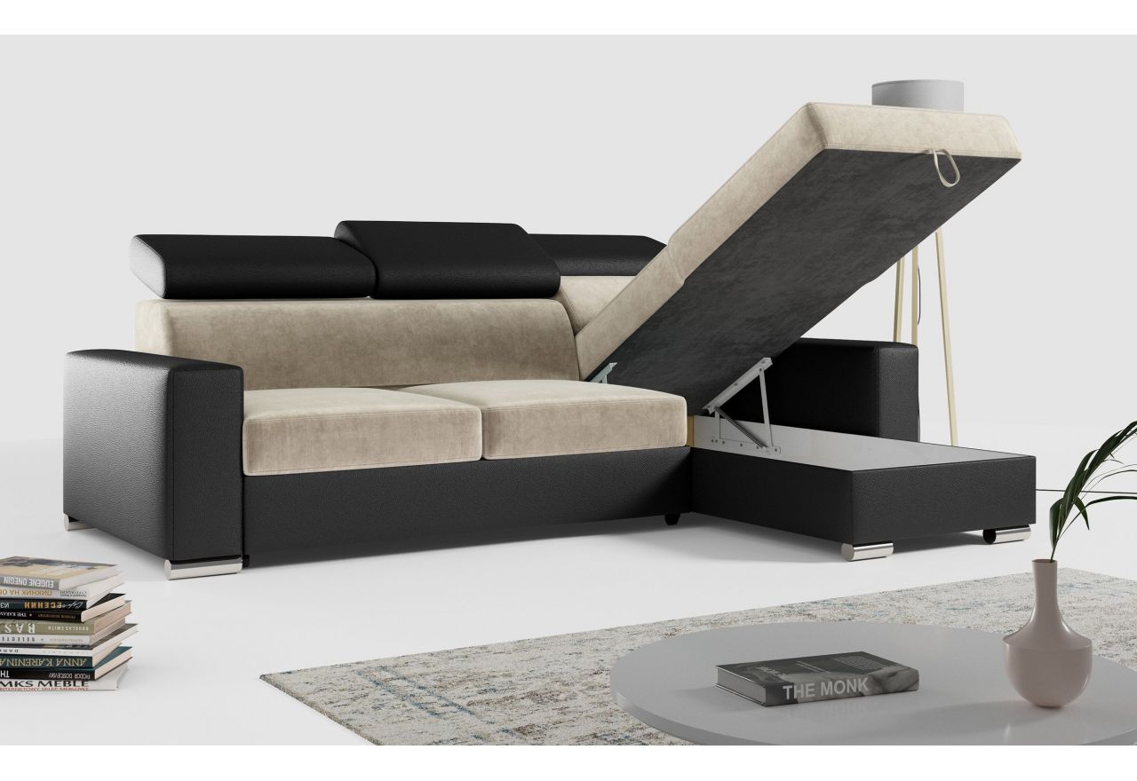 Narożnik FOX L - uniwersalny - beżowy, czarny, welwet, ekoskóra