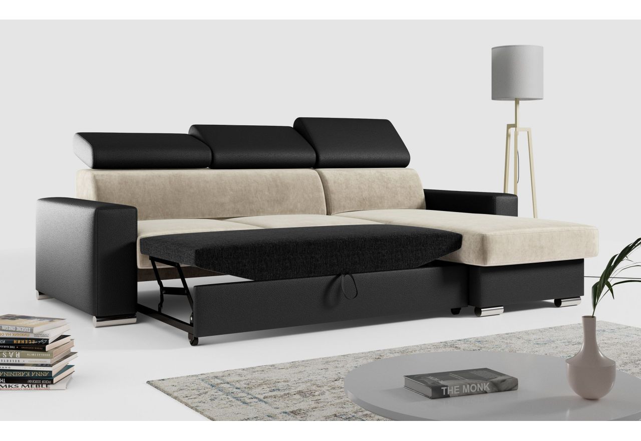 Narożnik FOX L - uniwersalny - beżowy, czarny, welwet, ekoskóra