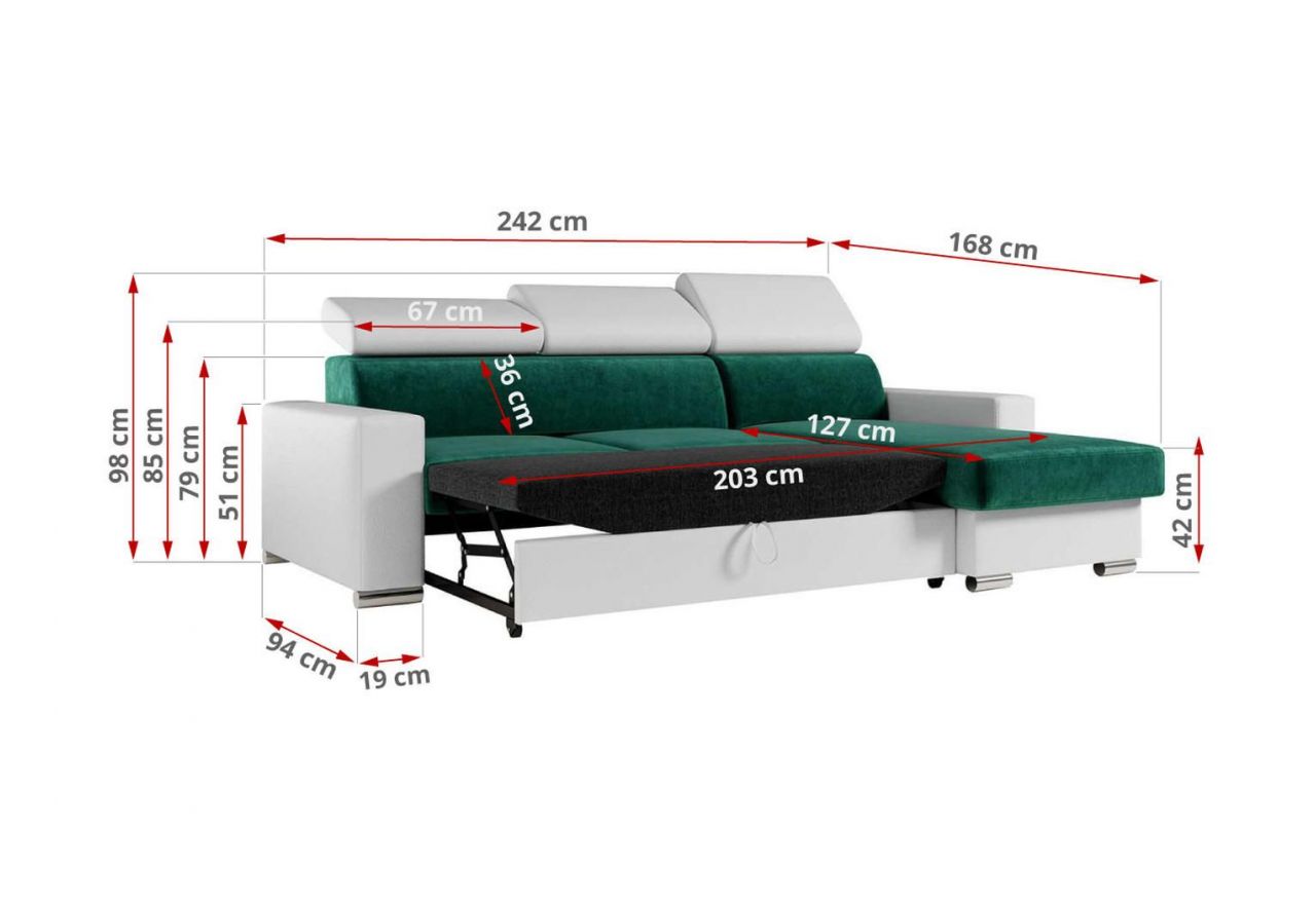 Narożnik FOX L - uniwersalny - ciemnozielony, biały, welwet, ekoskóra