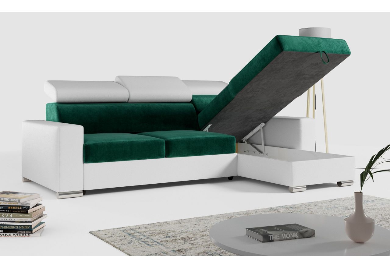 Narożnik FOX L - uniwersalny - ciemnozielony, biały, welwet, ekoskóra