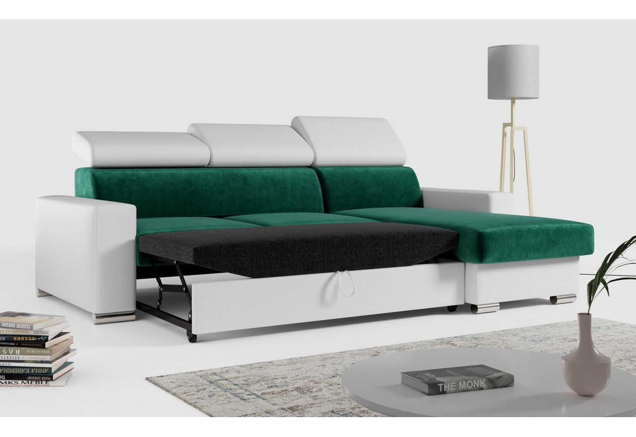 Narożnik FOX L - uniwersalny - ciemnozielony, biały, welwet, ekoskóra