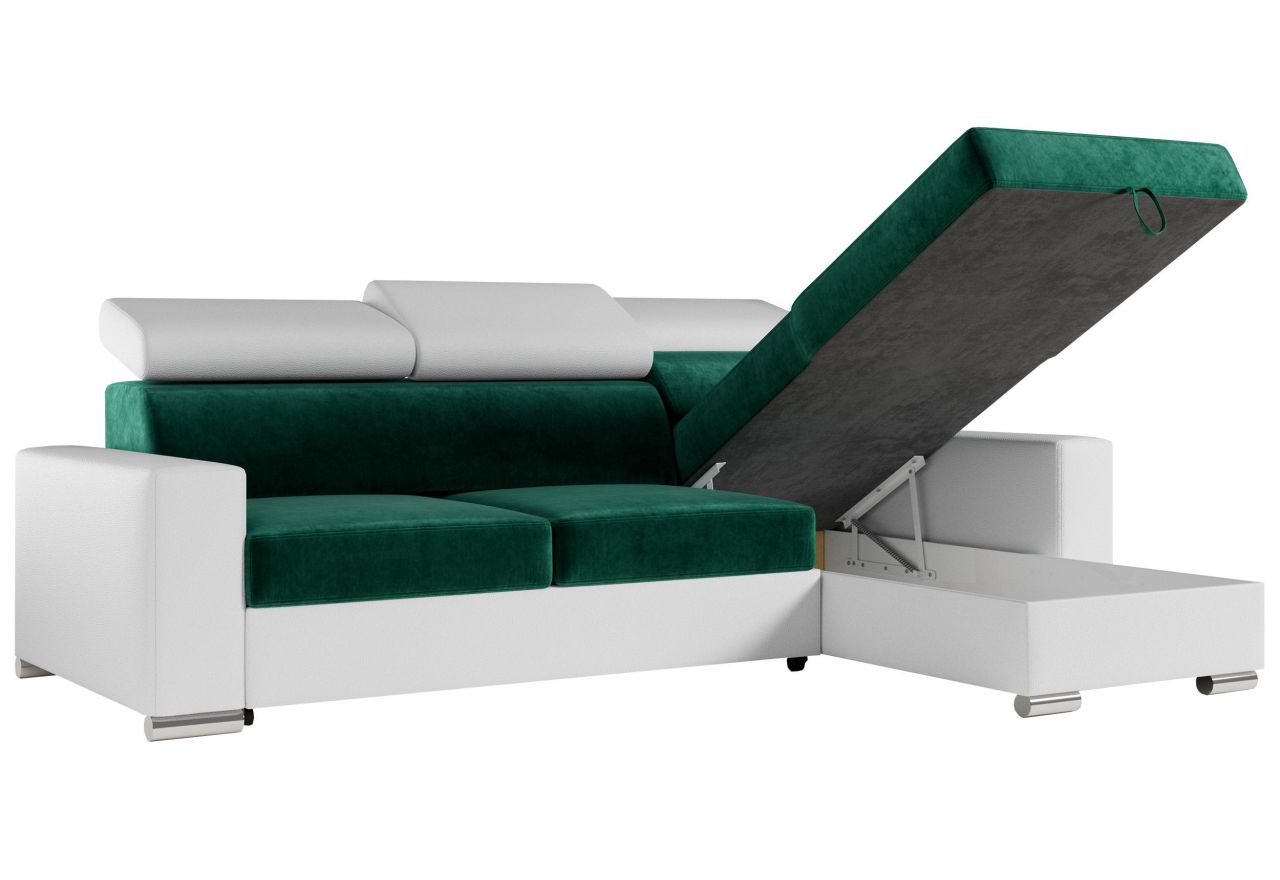 Narożnik FOX L - uniwersalny - ciemnozielony, biały, welwet, ekoskóra