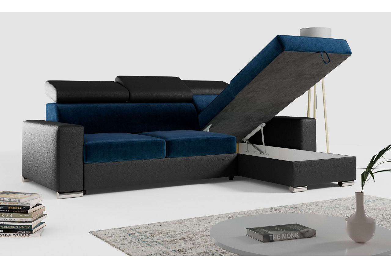 Narożnik FOX L - uniwersalny - ciemnoniebieski, czarny, welwet, ekoskóra