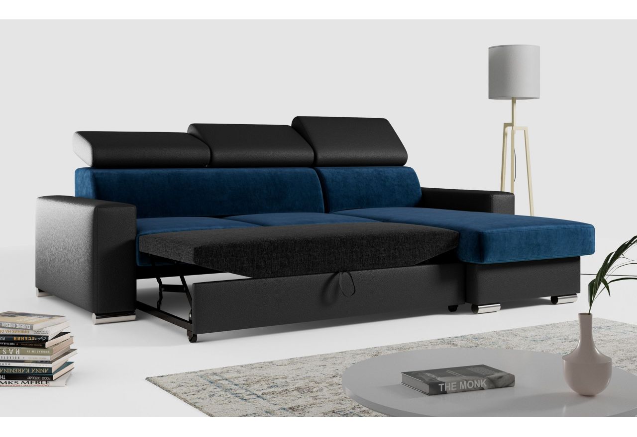 Narożnik FOX L - uniwersalny - ciemnoniebieski, czarny, welwet, ekoskóra