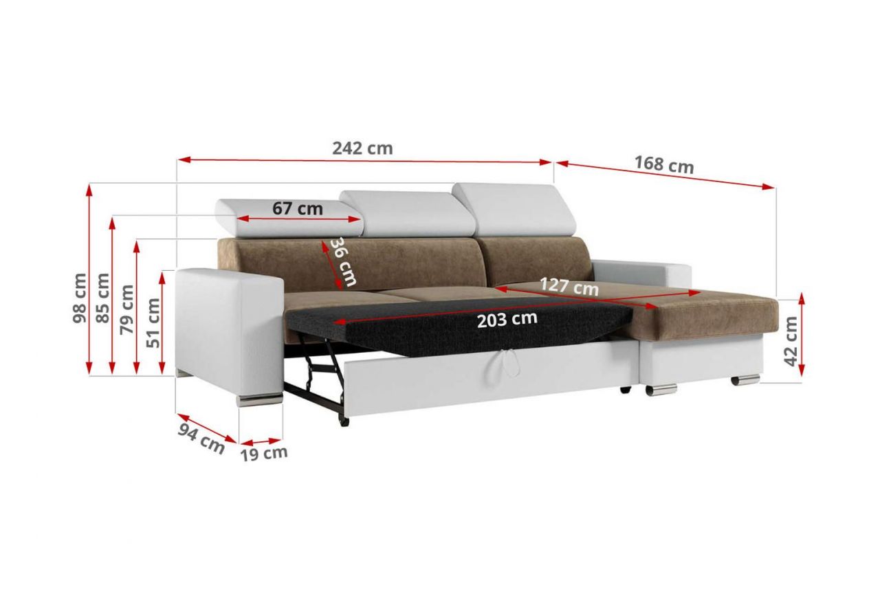 Narożnik FOX L - uniwersalny - brązowy, biały, welwet, ekoskóra
